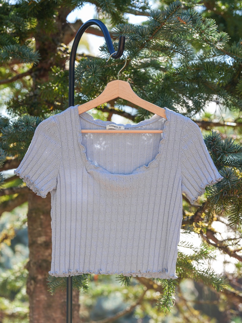 Ginger G Light Blue Pointelle Square Neck Lettuce Trim Top Medium